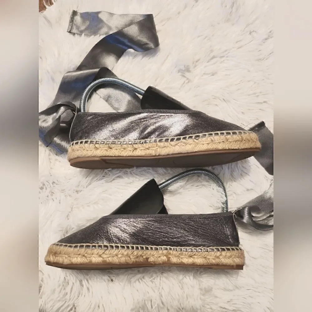 Free People Maya Wrap Espadrille Ballet Flats Metallic Gray Size 36 US 6